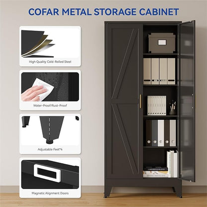COFaR 71 in Tall Kitchen Pantry Cabinet, Metal Pantry Storage Cabinet with 4 Adjustable Shelves and 2 Barn Doors, Freestanding Farmhouse Food Cupboard for Dining Room Garage, Black 5-Tier