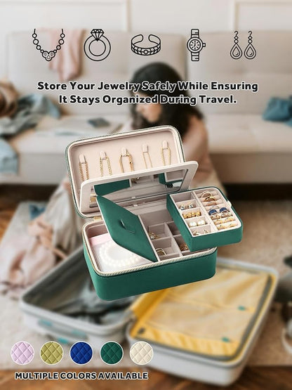 Velvet Travel Jewelry Box with Large Mirror, Double-Layer Jewelry Organizer Case for Women and Girls, Portable Storage Case with 6 Anti-Tarnish Bags Gift Ready for Her (Emerald Green)