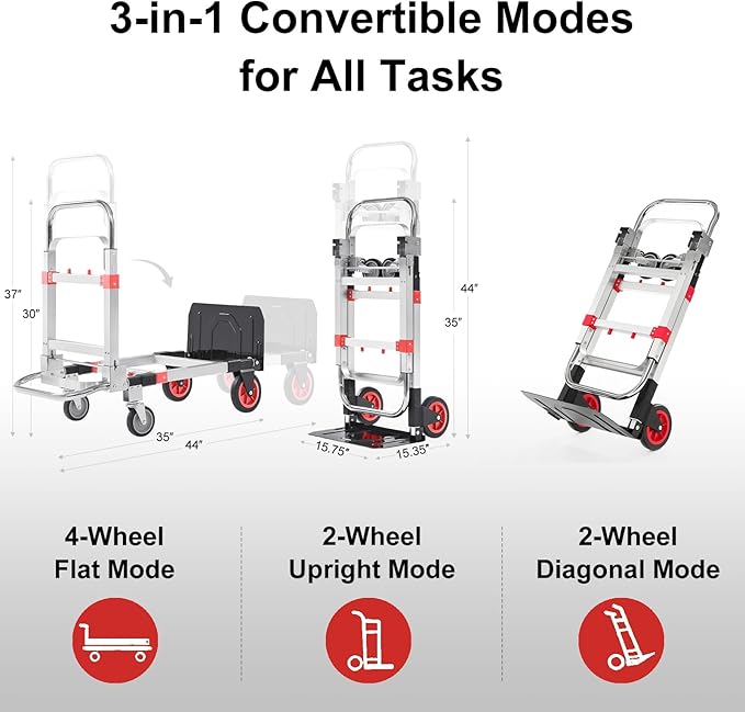 Folding Hand Truck Dolly, 500 lbs Heavy-Duty Convertible Cart, Aluminum Alloy Collapsible Design with Silent Rubber Wheels, Adjustable Handle, Flat Fold for Moving, Home, Office (red)