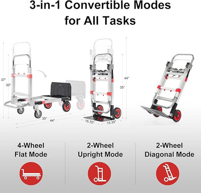 Folding Hand Truck Dolly, 500 lbs Heavy-Duty Convertible Cart, Aluminum Alloy Collapsible Design with Silent Rubber Wheels, Adjustable Handle, Flat Fold for Moving, Home, Office (red)