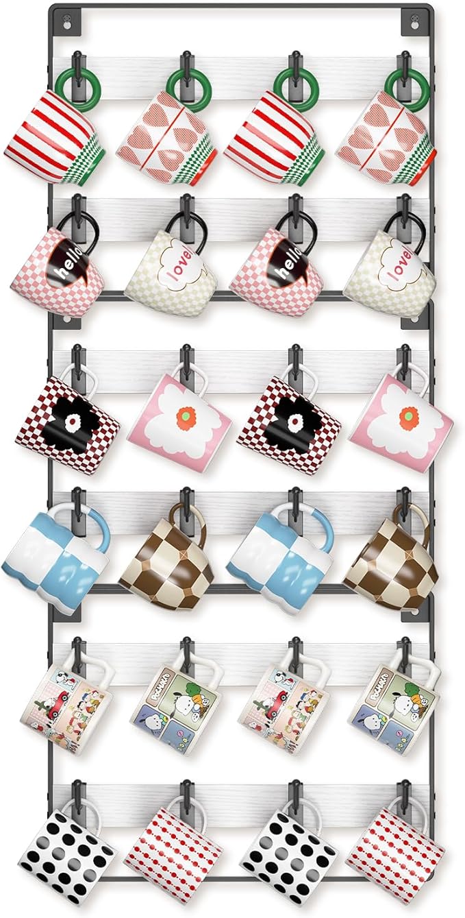 EsLuker.ly Mug Holder Hanger Rack Wall Mounted Wooden 3 Pack Coffee Cup Storage Organizer Display Shelf with 24 Movable Plastic Hooks, Ideal for Mug Collectors, White-Black