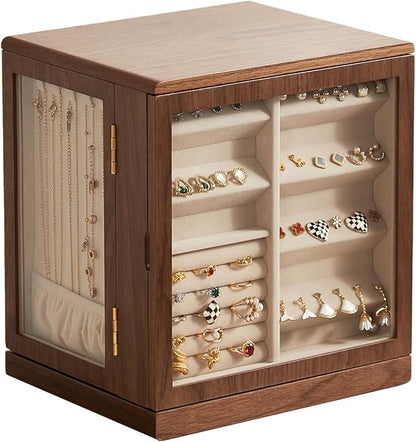 Black Walnut Wooden Jewelry Box - 360° Rotating Jewelry Organizer for Women with 5 Drawers for Rings,Necklaces,Earrings and Bracelets -Large Storage Case - Christmas Gift idea