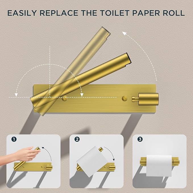 FORIOUS Toilet Paper Holder, Adhesive or Wall Mounted Options, Stainless Steel Rustproof Stick on no Drilling Double Post Pivoting Toilet Tissue Roll Holder Wall Mount for Bathroom, Brushed Gold
