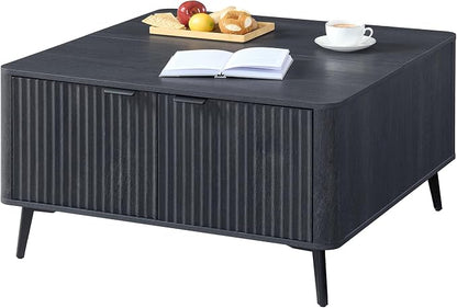 Fatmok Large Lift Top Coffee Table with Hidden Compartment, 35.4" Wide Oversized Square Coffee Table with Storage, Mid Century Modern Fluted Center Table for Home Living Room, Black Grey