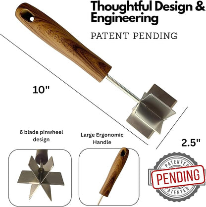 Large Stainless Steel Meat Chopper, Masher & Cocktail Muddler | Dishwasher Safe | 6-Blade Chopper Tool | Oversized Ergonomic Handle | Heat Resistant Grip (Walnut Wood Veneer 10")