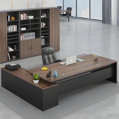 LITFAD Modern L-Shape Office Desk with Wood Base Executive Desks Boss Table Computer Desk Home Office Furniture with Drawers and Storage Shelves - Without Chairs 70.9" L x 31.5" W x 29.5" H Brown
