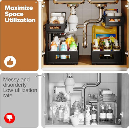 2-Pack 20.47"Deep Under Sink Organizer And Storage,2-Tier L-Shaped Pull Out Cabinet Organizer with Upgraded Slide Rails,Height Adjustable Drawers for Kitchen&Bathroom,Extra-Large Storage Shelves–Black