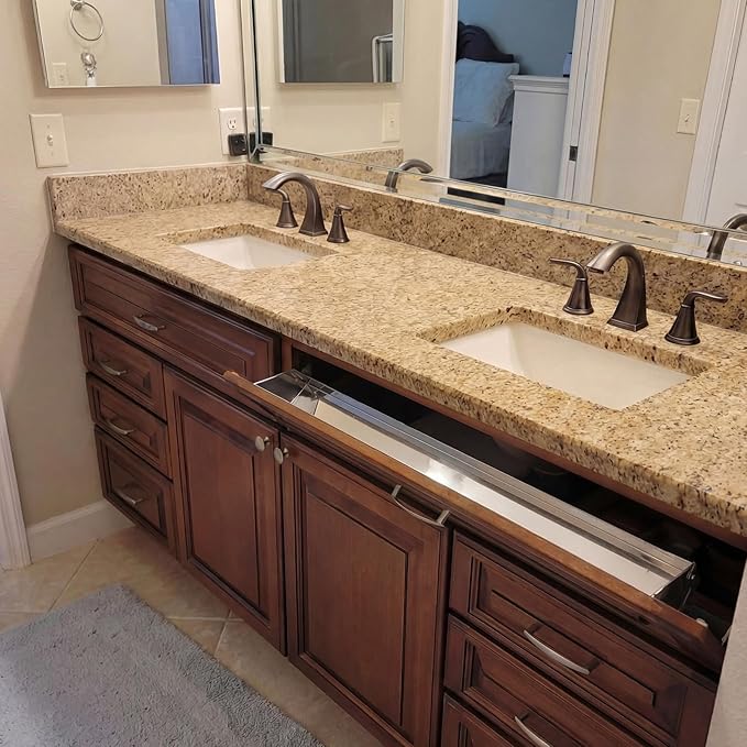 1 Set 31 Inch Stainless Steel Sink Drawer Tip Out Tray Kit Include Tip-Out Sink Trays and Hinges Large Pull Out Storage Organizer for Kitchen Bathroom Base Cabinets