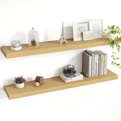 Acovy 40 Inch Floating Shelves, 8 Inch Deep Floating Shelves for Wall, Hanging Shelf with Invisible Brackets, Deep Shelves for Bathroom, Bedroom, Living Room, Oak, Set of 2