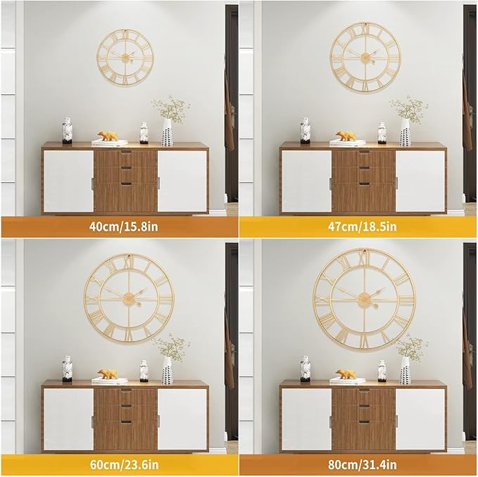 1st owned Large Wall Clock Silent Non-Ticking Roman Numerals Vintage Battery Operated (24 inch,18inch,16inch) Farmhouse Wall Clock for Living Room, Bedroom, Kitchen, Cafe Decor-Gold 47CM