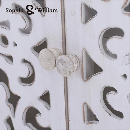 Sophia & William Accent Cabinet with Doors, Distressed Display Storage Cabinet with Wooden Frame and Hollow-Carved Floral Pattern for Entryway Living Room, White