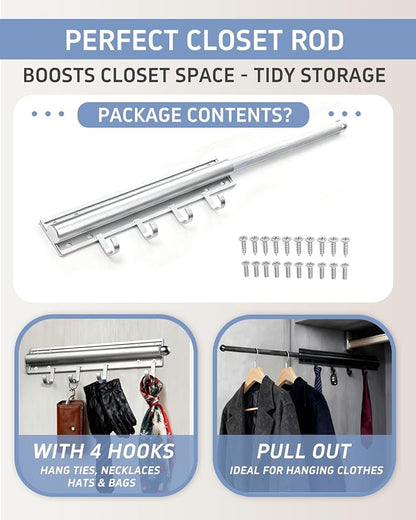 Aluminum Valet Rod, 12 in Heavy Duty Pull Out Closet Valet Rod with 4 Hooks, Adjustable Slide Out Closet Rod, Ideal for Hanging Clothes, Closet Accessories, Easy to Install (Silver)