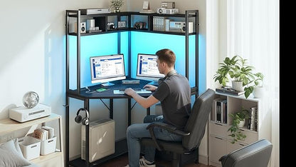Corner Desk,35.4" W x 63" H Small Computer Desk and Office Desk with Hutch & LED Lights，Gaming Desk with Storage Drawers & Shelves and Hook for Small Space,Black