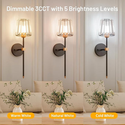 Crystal Battery Operated Wall Sconces Set of 2, Black and Gold Rechargeable Wireless Wall Lights with Crystal Lampshade, 12 RGB and 3CCT Dimmable Wall Lamps with Remote for Bedroom Living Room Hallway