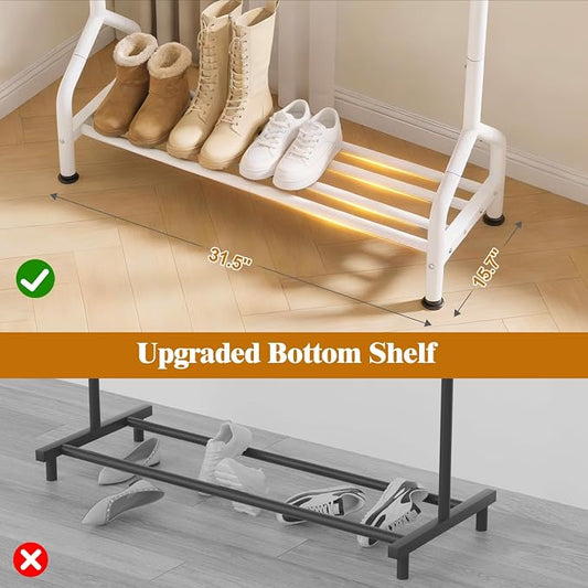 EAGMAK Sturdy Clothing Racks with Shelf, Metal Clothes Rack with Leveling Feet for Hanging Clothes, Freestanding Garment Coat Rack for Bedroom, Apartment & Small Spaces, White