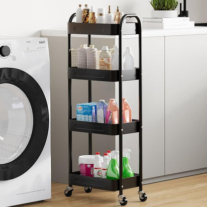 LIWNYRK 4 Tier Slim Storage Cart with Wheels for Laundry Room Between Washer and Dryer, 7.1'' Narrow Rolling Cart with Wheels and Lockable Casters, Metal Thin Standing Shelf for Small Space, Black