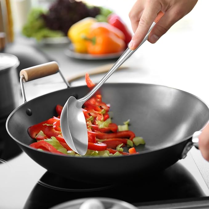 Wok Spatula and Ladle Stainless Steel, 3 PCS 17 Inches 304 Stainless Steel Spatula, Wok Ladle and Skimmer, Dishwasher Safe Cooking Utensils Kitchen Tool Set