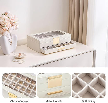 Lolalet Earring Storage Box Case with Glass Top, Large Earring Jewelry Holder Organizer Display with Drawer and Grid, Gift for Girls Women -2 Tiers, Cloud White