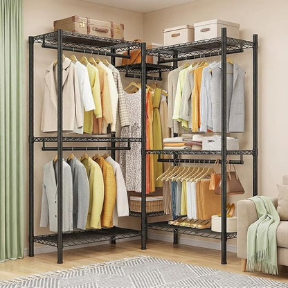 Raybee L Shaped Clothes Rack for Corner, Clothing Racks for Hanging Clothes, 900LBS Heavy Duty Clothes Rack Garment Rack 74.5" W X 18" D X 77" H, Black