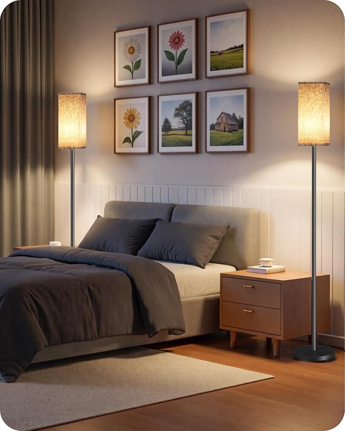 2Pack 64.2” Dimmable Floor Lamp for Living Room with Remote & Foot Switch, Corner Floor Lamp for Bedroom, Includes A19 Bulb, Modern Standing Tall Lamp, ETL Listed Beige and Black E17LDP205