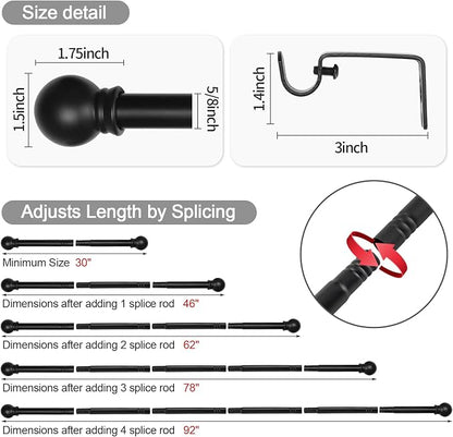 Thestoa 2 pack Black Curtain Rods for Windows 48 to 92 inch, Adjusts Length by Splicing, 5/8" Diameter Matte Black Small Curtain Rods for Bedroom, Living Room, Kitchen, Outdoor, Farmhouse