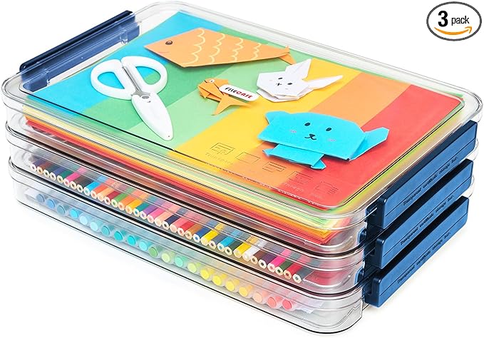 CATOOMUU Clear Portable Slim Project Case 9 X 13 Plastic Storage File Box For Letter A4 Paper Photo Documents Scrapbook, 3 Count