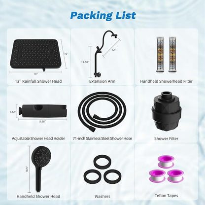 Hibbent 5-spray Dual Filtered Rainfall Shower Head Combo, High Pressure 13'' Showerhead with 10 Spray Mode Handheld, Easy Reach 4-way Diverter Shower Arm with Pause Mode, 71'' Hose and Holder, Black