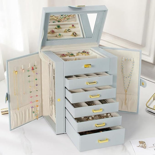 AKOZLIN 6-Tier Jewelry Box Organizer Functional 5 Drawers Leather Jewelry Storage Case for Women Girls Ring Necklace Earring Bracelet Holder Organizer with Mirror Grey Regular