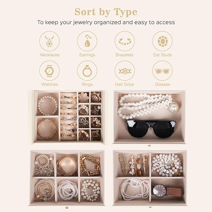 Dajasan Large Jewelry Box for Women, Jewelry Organizer Box with 3 Drawers, Jewelry Storage Organizer with Mirror for Necklace Ring Bracelet Watch, Gift Idea (Beige)
