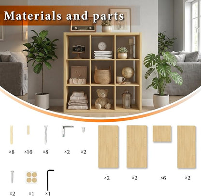 WannabeMyself【2026 Wooden Thick Frame】 9 Cube Storage Organizer with Anti-Tipping Kits, Reversible Open Back Book Shelf,Bookcase for Living Room,Bedroom,Entrance Hall,Office,11.6×36.3×36.3,Oak Color
