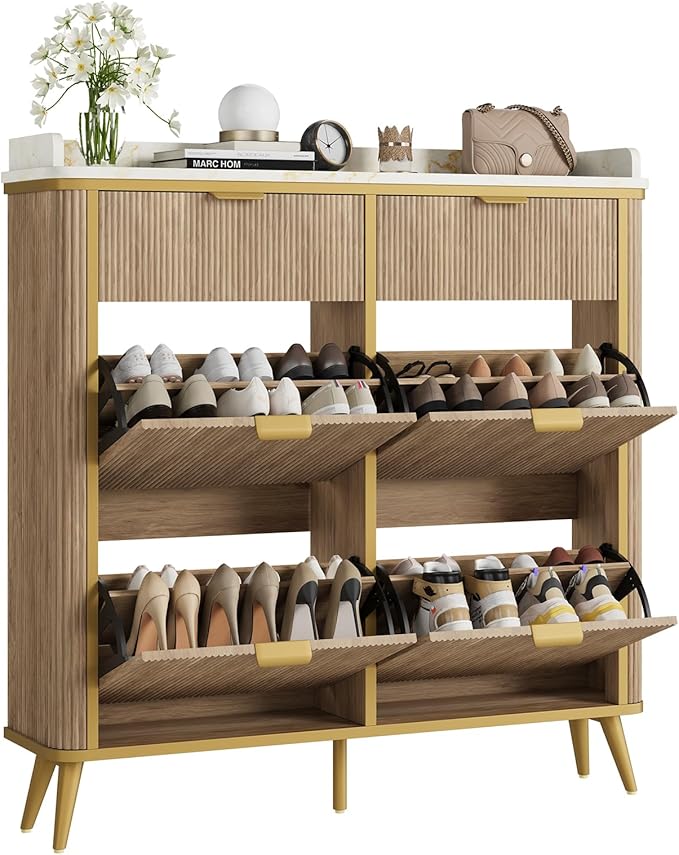 Shoe Cabinet with 4 Flip Drawers and 2 Drawers, Modern Fluted Wood Shoe Storage with Adjustable Shelves, Narrow Slim Shoe Organizer for Entrance, Foyer, Hallway, Nature Oak