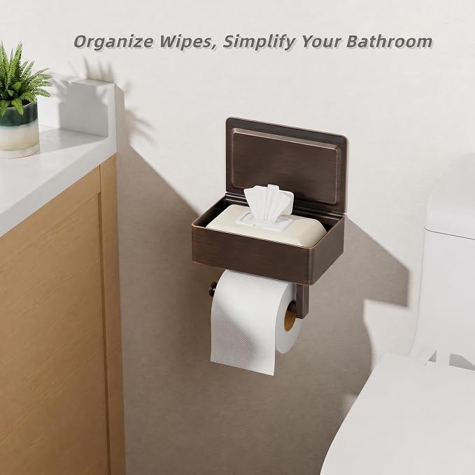 FORIOUS Toilet Paper Holder with Shelf, Sanitary Napkin Receptacle Tampon Holder, Wall Mount Toilet Paper Holder with Storage, Flushable Wipes Dispenser Fits for Bathroom Commercial(1, ORB)