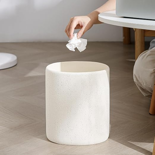 Bathroom Trash Can, 1.6 Gallon Small Trash Can Cabinet, Simple Stone Look Oval Office Garbage Bin, Decorative Waste Basket for Bedroom, Living Room, Kitchen (Off White)