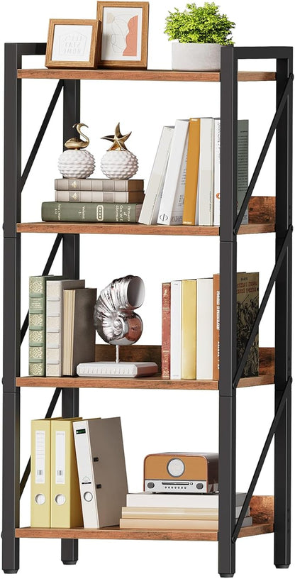 HOOBRO Bookshelf, 4-Tier Industrial Bookcase, Book Shelf Storage Organizer, Small Bookshelf with Metal Frame for Living Room, Bedroom, Home Office, Kitchen, Rustic Brown and Black BF40SJ01