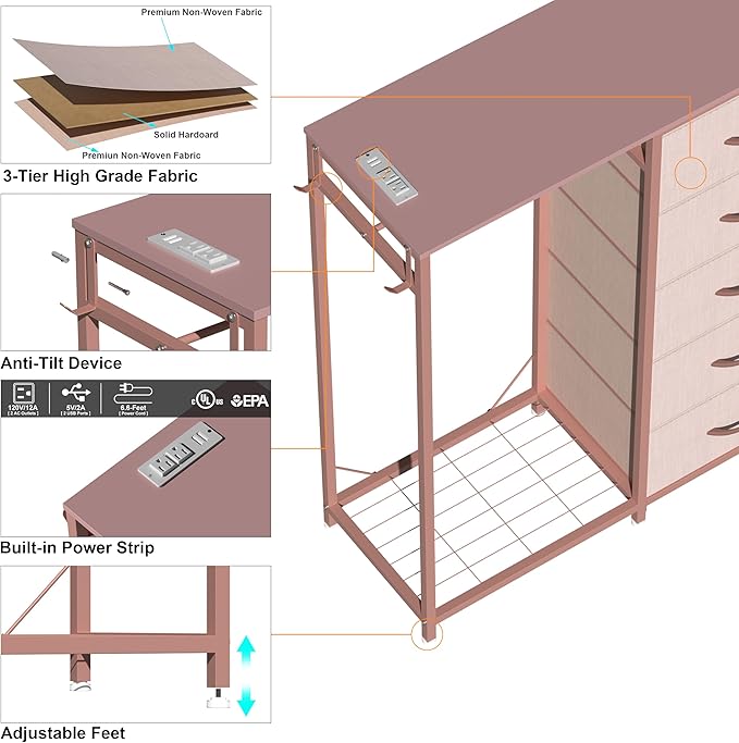 Dresser for Bedroom with Clothes Rack 5 Drawer Dresser with Charging Station LED Lights White Chest of Drawers Flexible Shelf and Open Storage Space for Bedroom Living Room (Pink)