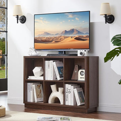 6 Cube Storage Bookcase, 40" Wide Low Horizontal Book Shelf with Curved Edge, Wood Floor Standing 2-Tier Bookshelf with Base, Farmhouse Short Book Case for Bedroom, Living Room, Office, Walnut