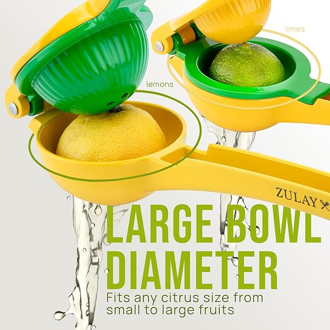 Zulay Metal 2-In-1 Lemon Squeezer Manual - Sturdy, Max Extraction Hand Juicer Lemon Squeezer Gets Every Last Drop - Easy to Clean & Use Citrus Juicer-Yellow/Green