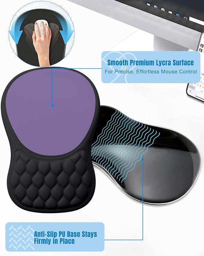 Ergonomic Mouse Pad with Wrist Rest, Slope Design Memory Foam Support, Smooth Lycra Surface, Non-Slip PU Base, Comfortable Mouse Mat for Office, Home, Computer Desk (Black&Purple)