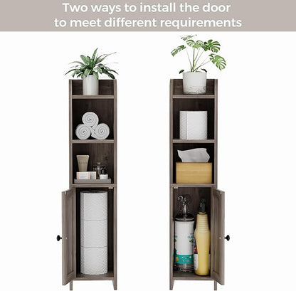 Homhedy Small Bathroom Storage Corner Floor Cabinet with Door and Shelves, Beside The Toilet Paper Stand for Skinny, Narrow Toilet Paper Cabinet, 7.9" D x 7.1" W x 31" H, Greige