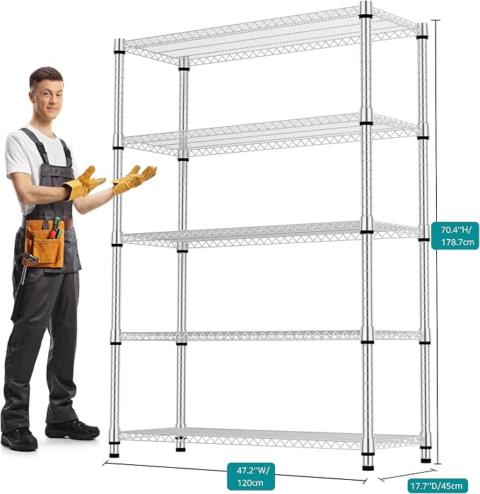 M MZG 5 Tiers Shelf Metal Storage Shelves 3300 lbs Steel Storage Shelving Utility Shelving Unit Steel Organizer Wire Rack for Home,Kitchen,Office,Garage Chrome 17.7" D x 47.2" W x 70.3" H
