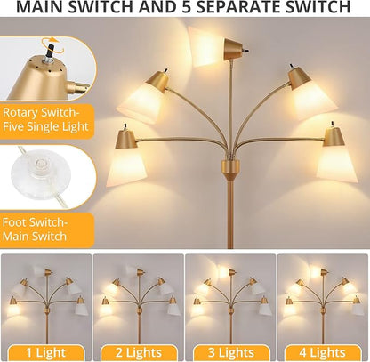 FOLKSMATE LED Floor Lamp, Medusa Multi Head Modern Tall Standing Lamps, Adjustable Corner Reading Floor Light for Living Room, Bedroom, Kids Room, White and Colored Lampshades, Brass Gold