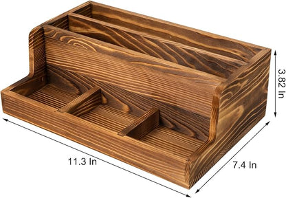 Rustic Brown Wood Mail Organizer Stationery Sorter Letter Holder Office Supply Storage Caddy 2 Slots 3 Trays Desktop Envelope Document Notepad Countertop Daily Accessories Table Home Entryway