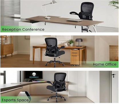 Ergonomic Office Chair, Comfy Desk Chair with Adjustable Lumbar Support, Mesh Computer Chair with Wheels, Flip-up Armrests, Swivel Rolling Executive Chair for Home Office, Gaming, Black
