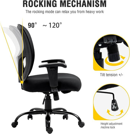 Bigroof Big and Tall Office Chair 500LBS Ergonomic Mesh Desk Chair with Adjustable Lumbar Support Arms Wide Seat Task Executive Rolling Swivel Chair for Heavy People (Black-500LBS)