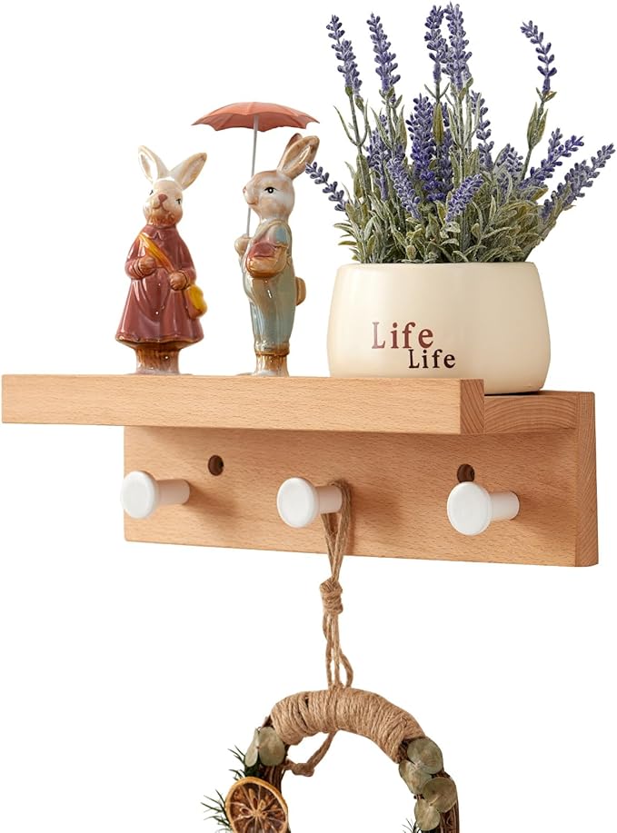 Beech Wood Coat Rack Shelf Wall Mounted, Wooden Wall Hooks with Shelves, Entryway Shelf with 3 Hooks for Hanging Clothes Hats Towel for Bathroom, Living Room, Bedroom (Natural, 14 inches)