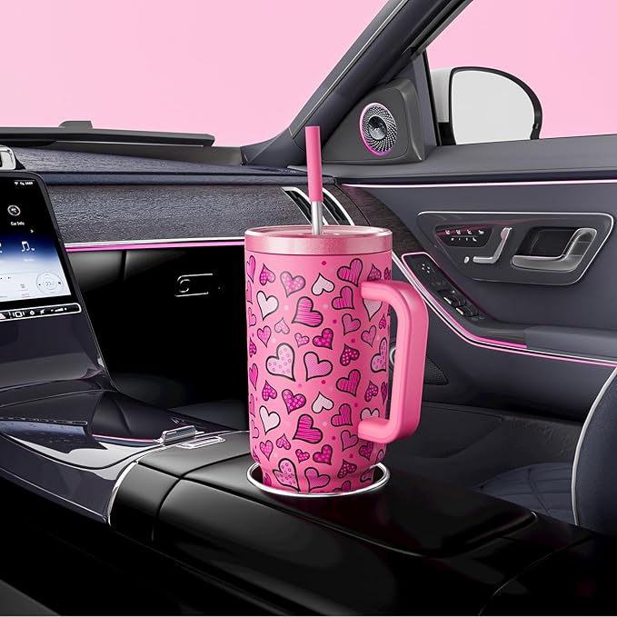 Meoky 40 oz Tumbler with Handle and Straw: Stainless Steel Insulated Tumbler with Lid and Straw - 100% Leak Proof Tumbler for Car Cup Holders - Travelers Commuters Workers, Blush Heart