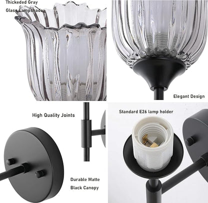 Vintage Wall Sconce Set of 2 with Smoke Gray Glass Shades Mid Century Bathroom Vanity Wall Light Fixtures Industrial Matte Black Wall Lamp for Bedroom Mirror Living Room Restaurant