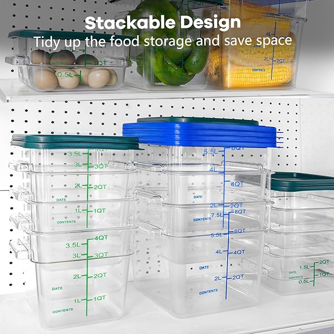 4 Pack Food Storage Containers with Blue Lids, 6.0 Qt - Square, Clear, Polycarbonate, for Restaurant Commercial Kitchen and Home party