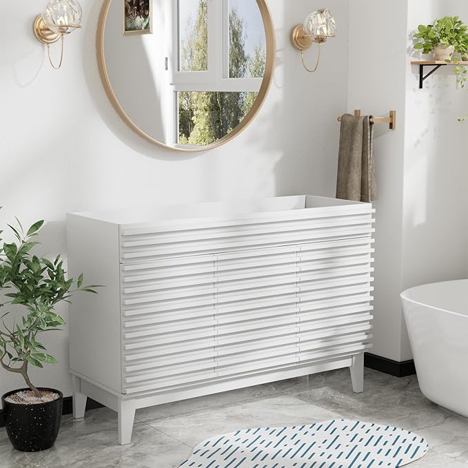 ROOMTEC 48" Bathroom Vanity, Mid-Century Freestanding Bathroom Vanity Cabinet with Storage, Particleboard Frame with Wood Grain Laminate, White(Sink Basin Not Included)