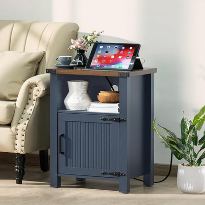 Night Stand with Charging Station and USB Port, 18 Inch Farmhouse Nightstand with Storage Shelf, Rustic Couch End Table with Magnetic Door, Wood Bed Side Tables for Bedroom, Home, Nayv Blue